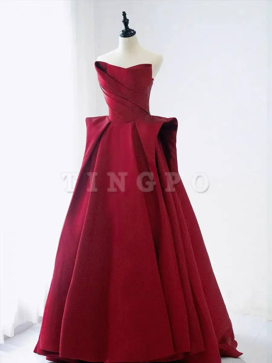 Wholesale Elegant Ball Gown Strapless Burgundy Satin Long Prom Dress Evening Dresses gowns evening dresses